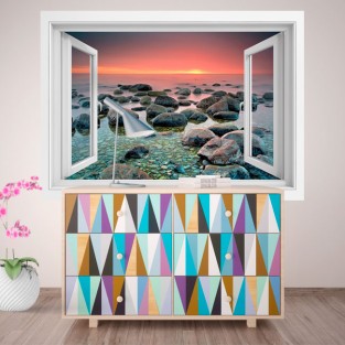 Vinilos ventana atardecer en el mar 3d Vinilos ventana atardecer en el mar 3d
